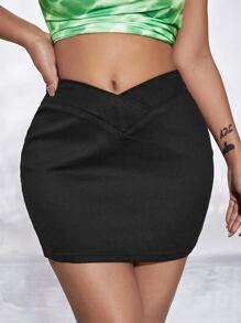 Falda ajustada de cintura doblada mezclilla - Negro - Ver 4