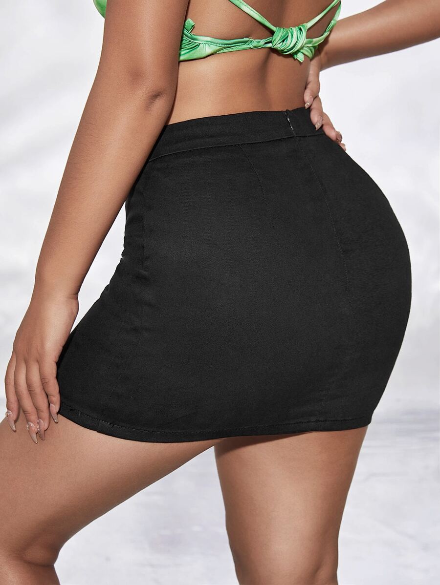 Falda ajustada de cintura doblada mezclilla - Negro - Ver 1