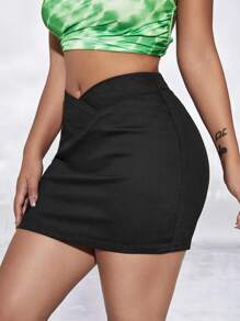 Falda ajustada de cintura doblada mezclilla - Negro - Ver 3