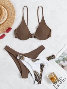 SHEIN Swim 夏季海滩热带印花比基尼套装钢圈文胸和 2 件低腰泳裤 3 件套比基尼泳装 - 彩色 - 查看 1