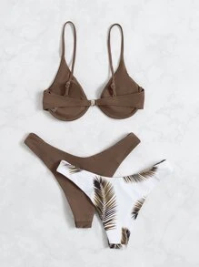 SHEIN Swim 夏季海滩热带印花比基尼套装钢圈文胸和 2 件低腰泳裤 3 件套比基尼泳装 - 彩色 - 查看 2