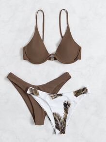 SHEIN Swim 夏季海滩热带印花比基尼套装钢圈文胸和 2 件低腰泳裤 3 件套比基尼泳装 - 彩色 - 查看 3