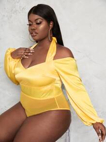 SHEIN SXY Plus Tie Back Off Shoulder Contrast Mesh Satin Bodysuit - Yellow - View 1