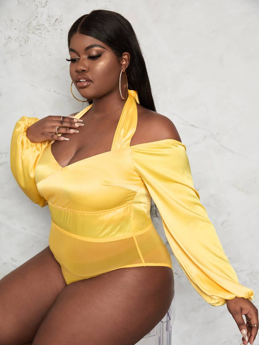 SHEIN SXY Plus Tie Back Off Shoulder Contrast Mesh Satin Bodysuit - Yellow - View 1