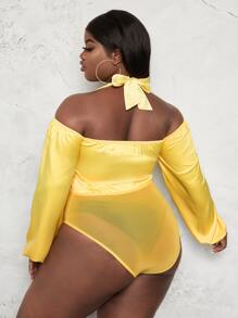 SHEIN SXY Plus Tie Back Off Shoulder Contrast Mesh Satin Bodysuit - Yellow - View 2