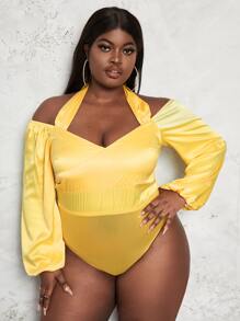 SHEIN SXY Plus Tie Back Off Shoulder Contrast Mesh Satin Bodysuit - Yellow - View 4