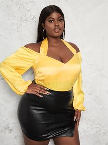 SHEIN SXY Plus Tie Back Off Shoulder Contrast Mesh Satin Bodysuit - Yellow - View 5