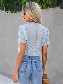 SHEIN VCAY Jacquard Puff Sleeve Knot Front Ruffle Hem Crop Chiffon Blouse - Baby Blue - View 2