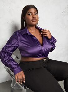 Slaydiva 大碼側收褶短款襯衫 - 紫色 - 查看 1