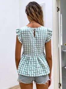 雙色格子荷葉袖荷葉邊下擺襯衫