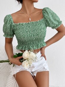 小碎花打攬木耳邊邊泡泡袖短款襯衫 - 綠色 - 查看 1