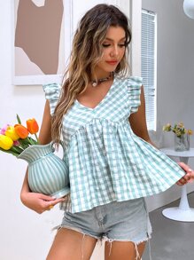 雙色格子荷葉袖荷葉邊下擺襯衫