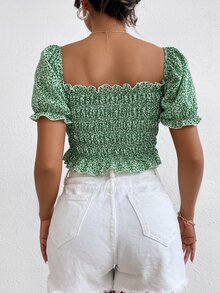 小碎花打攬木耳邊邊泡泡袖短款襯衫 - 綠色 - 查看 2
