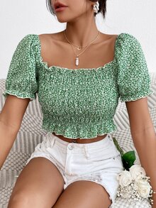 小碎花打攬木耳邊邊泡泡袖短款襯衫 - 綠色 - 查看 3