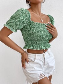 小碎花打攬木耳邊邊泡泡袖短款襯衫 - 綠色 - 查看 4