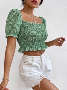 小碎花打攬木耳邊邊泡泡袖短款襯衫 - 綠色 - 查看 5