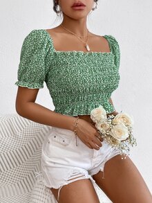 小碎花打攬木耳邊邊泡泡袖短款襯衫 - 綠色 - 查看 6