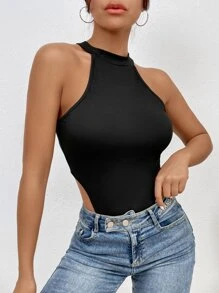 SHEIN SXY High Cut Halter Neck Bodysuit - Black - View 5