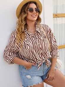 大碼斑馬條紋落肩袖襯衫 - 彩色 - 查看 2