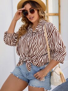 大碼斑馬條紋落肩袖襯衫 - 彩色 - 查看 1
