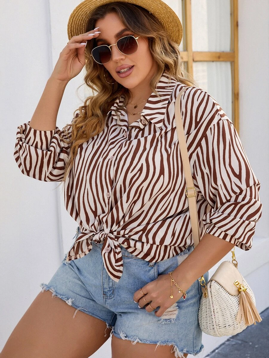 大碼斑馬條紋落肩袖襯衫 - 彩色 - 查看 1