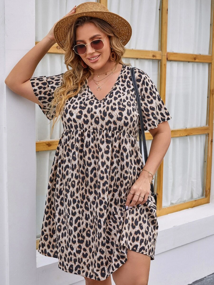 SHEIN LUNE Plus Leopard Print Flutter Sleeve Dress