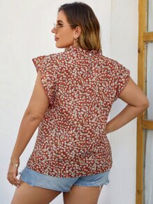 Plus Ditsy Floral Frill Neck Butterfly Sleeve Blouse - Multicolor - View 2