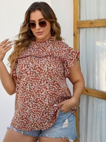 Plus Ditsy Floral Frill Neck Butterfly Sleeve Blouse - Multicolor - View 5