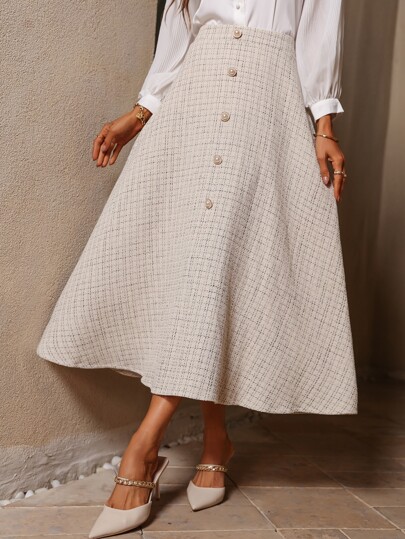 Plaid Fake Button Tweed Skirt