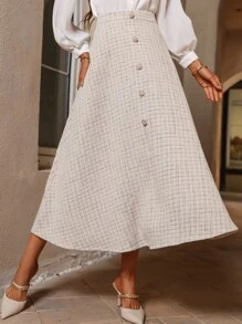 Modelyn Váy nữ Nút phía trước Sọc ca rô Thanh lịch - Màu be - Xem 3