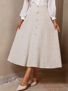 Modelyn Váy nữ Nút phía trước Sọc ca rô Thanh lịch - Màu be - Xem 4