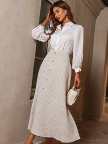 Modelyn Váy nữ Nút phía trước Sọc ca rô Thanh lịch - Màu be - Xem 5