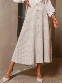 Modelyn Váy nữ Nút phía trước Sọc ca rô Thanh lịch - Màu be - Xem 6