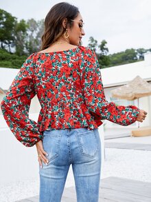 印花扭結燈籠袖荷葉邊下擺襯衫 - 彩色 - 查看 2