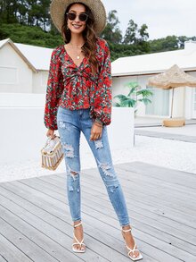 印花扭結燈籠袖荷葉邊下擺襯衫 - 彩色 - 查看 5