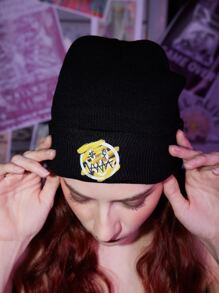 ROMWE Grunge Punk Gorro de punto con estampado de dibujos animados - Negro - Ver 1