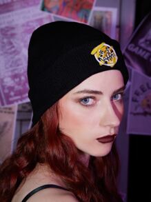 ROMWE Grunge Punk Gorro de punto con estampado de dibujos animados - Negro - Ver 2