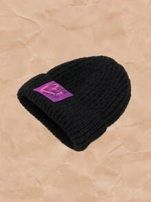 ROMWE Grunge Punk Letter Graphic Patch Knit Beanie - Black - View 2