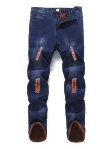 ROMWE MEN Quần Jeans Nam Bị tách màu trơn - Rửa tối - Xem 1
