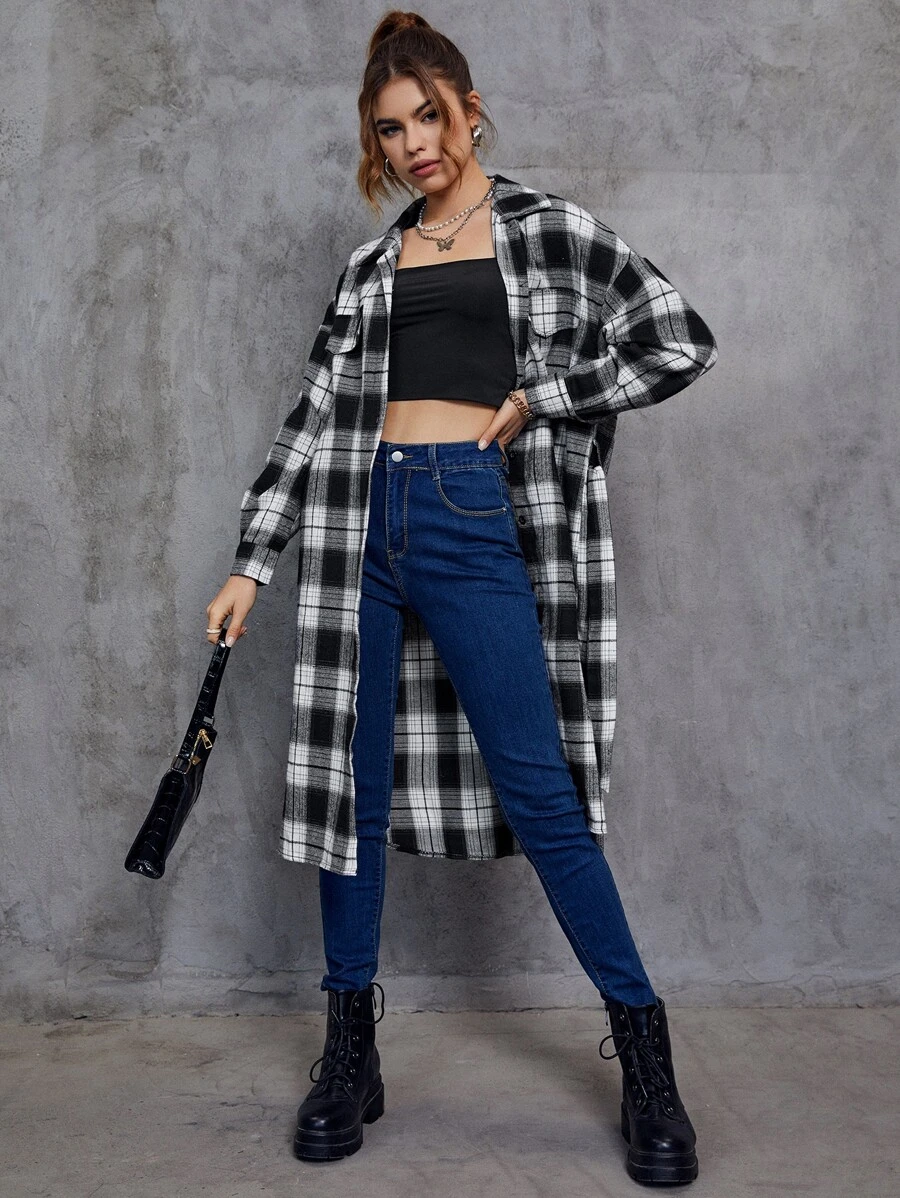 INAWLY Plaid Print Drop Shoulder Belted Shirt - Black and White - View 1