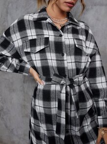 INAWLY Plaid Print Drop Shoulder Belted Shirt - Black and White - View 4