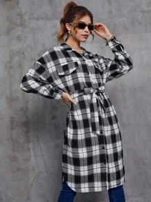 INAWLY Plaid Print Drop Shoulder Belted Shirt - Black and White - View 6
