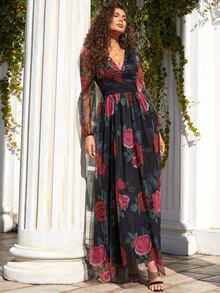 Missord Floral Print Lantern Sleeve Ruched Mesh Dress - Multicolor - View 6