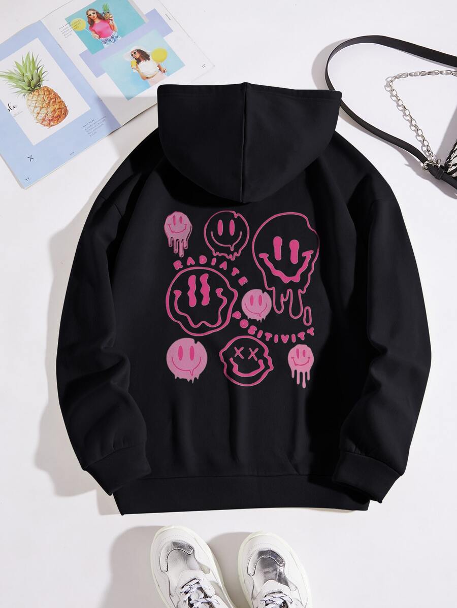SHEIN Qutie Expression & Letter Graphic Drawstring Thermal Hoodie Pullover Fall - Black - View 1