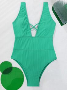Solid Ribbed Plunge One Piece Swimsuit - Green - View 1