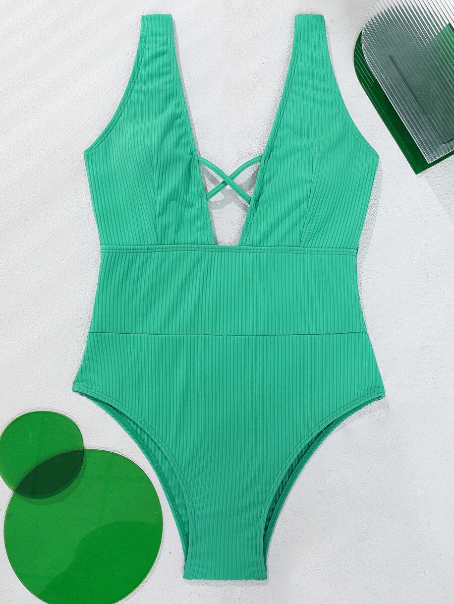 Solid Ribbed Plunge One Piece Swimsuit - Green - View 1