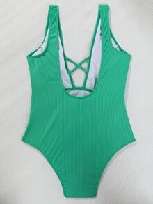 Solid Ribbed Plunge One Piece Swimsuit - Green - View 2