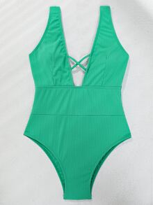 Solid Ribbed Plunge One Piece Swimsuit - Green - View 3