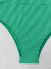 Solid Ribbed Plunge One Piece Swimsuit - Green - View 4