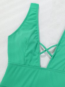 Solid Ribbed Plunge One Piece Swimsuit - Green - View 5